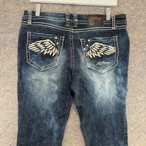 VTG Ed Hardy Jeans Womens 11 12 Embroidered Wings Straight Blue Denim Low‎ Rise